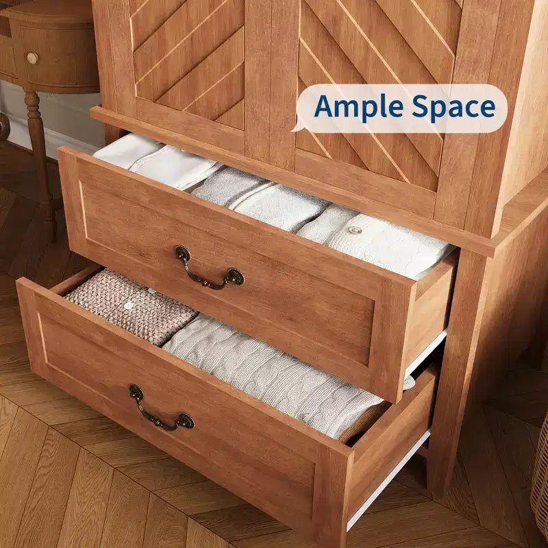 Holzschrank Kleiderschrank mit 2 Schubladen, 180 cm hoher Kleiderschrank mit Metallkleiderstange, Kleiderschrank-Organizer für Schlafzimmer, Garderobe