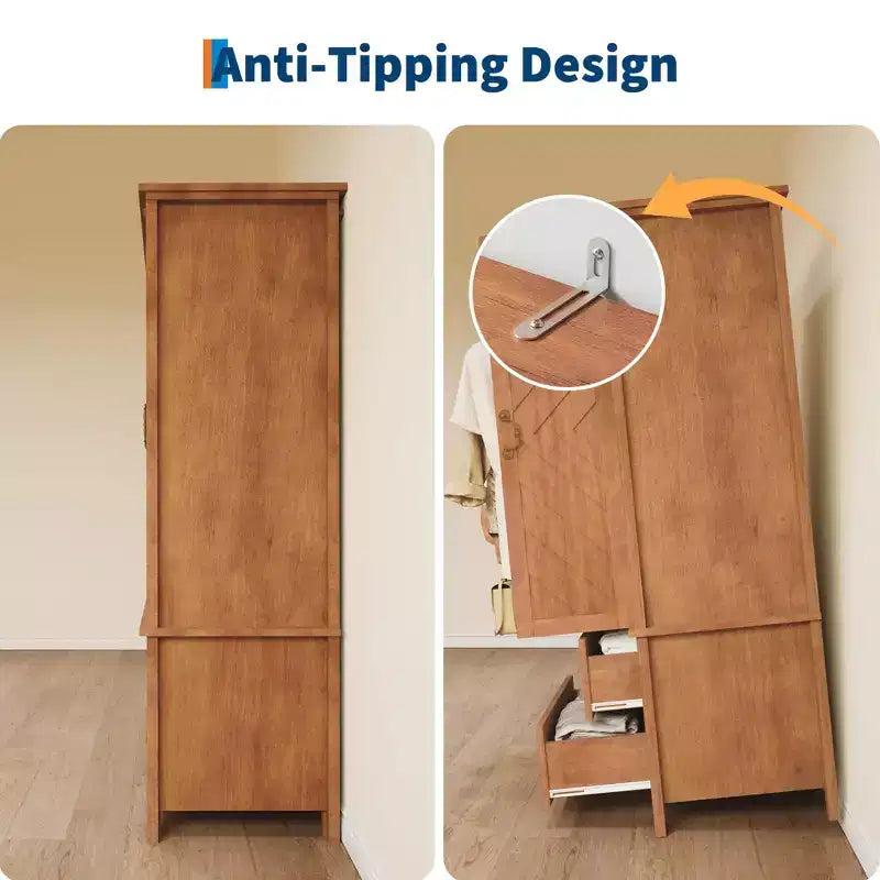 Holzschrank Kleiderschrank mit 2 Schubladen, 180 cm hoher Kleiderschrank mit Metallkleiderstange, Kleiderschrank-Organizer für Schlafzimmer, Garderobe