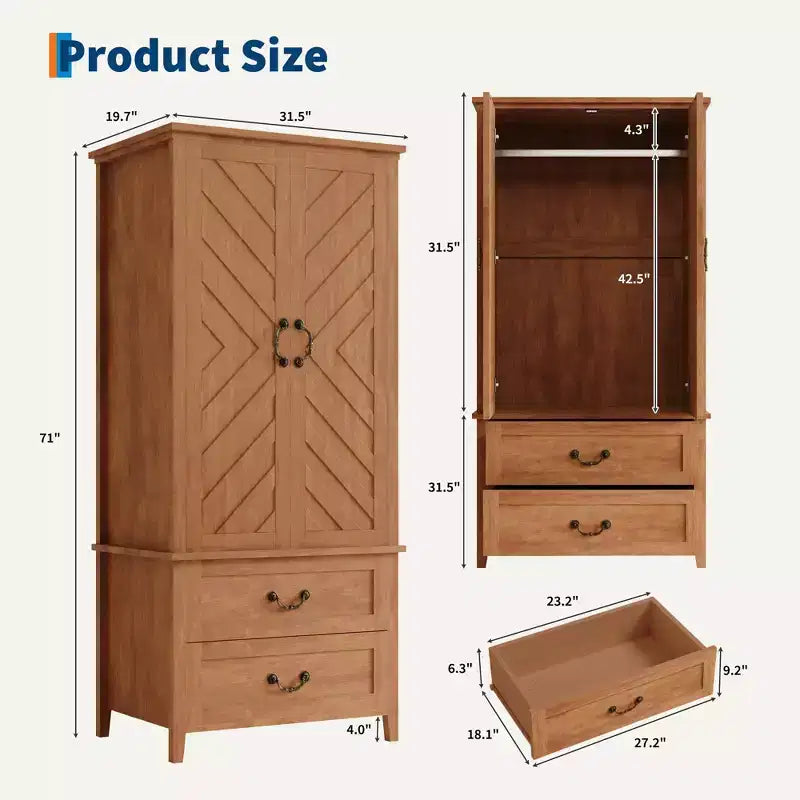 Holzschrank Kleiderschrank mit 2 Schubladen, 180 cm hoher Kleiderschrank mit Metallkleiderstange, Kleiderschrank-Organizer für Schlafzimmer, Garderobe
