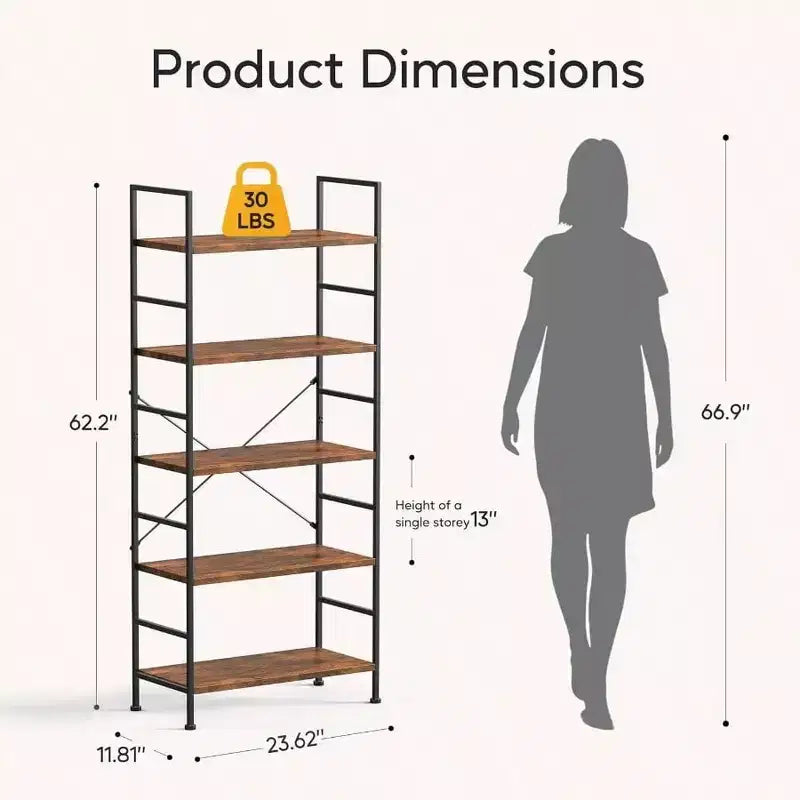 5-stöckiges Bücherregal Rustikales Braun Stehendes Bücherregal Home Office Bücherregal Aufbewahrungsorganisator Schlafzimmer Wohnzimmer Badezimmer