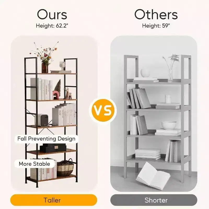 5-stöckiges Bücherregal Rustikales Braun Stehendes Bücherregal Home Office Bücherregal Aufbewahrungsorganisator Schlafzimmer Wohnzimmer Badezimmer