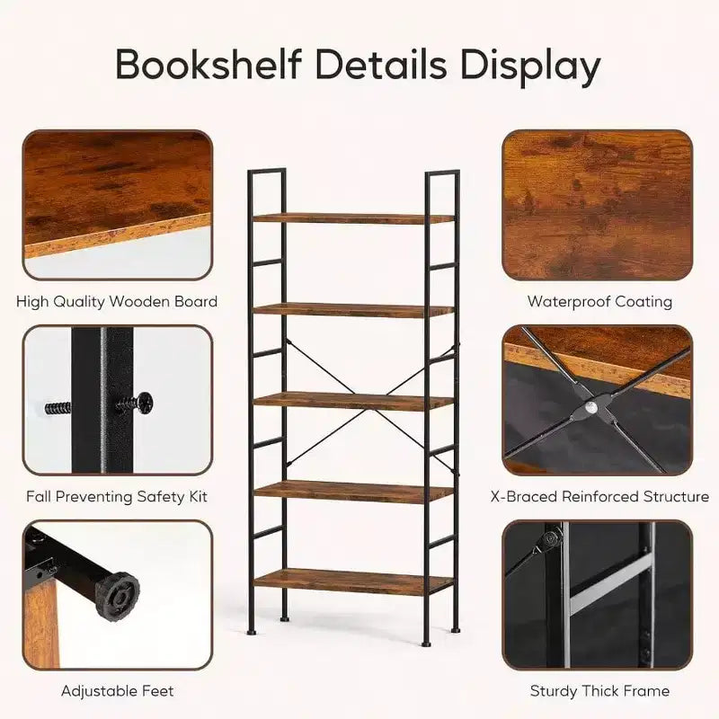 5-stöckiges Bücherregal Rustikales Braun Stehendes Bücherregal Home Office Bücherregal Aufbewahrungsorganisator Schlafzimmer Wohnzimmer Badezimmer