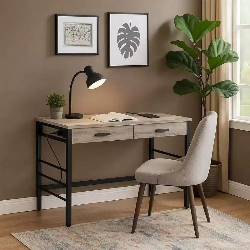 Royal Hampton Built-in USB Port Writing Desk, Light Weathered Oak and Black