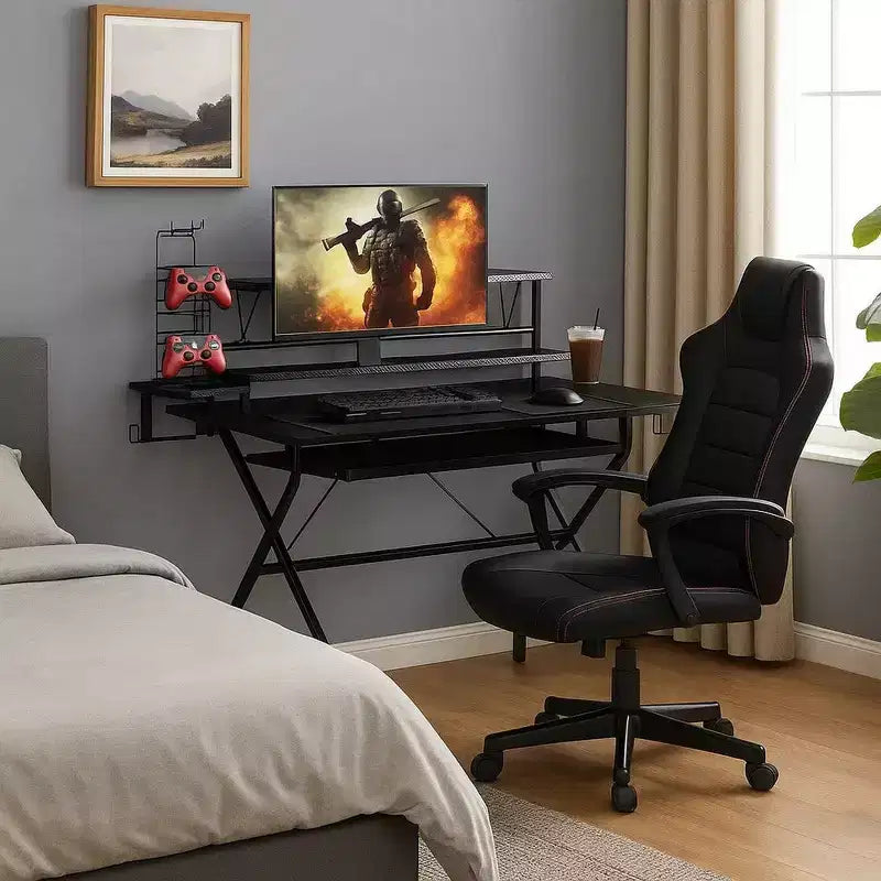 Royal Hampton Tubular Metal Frame Computer Desk with 2 Shelves and Cup Holder, Black