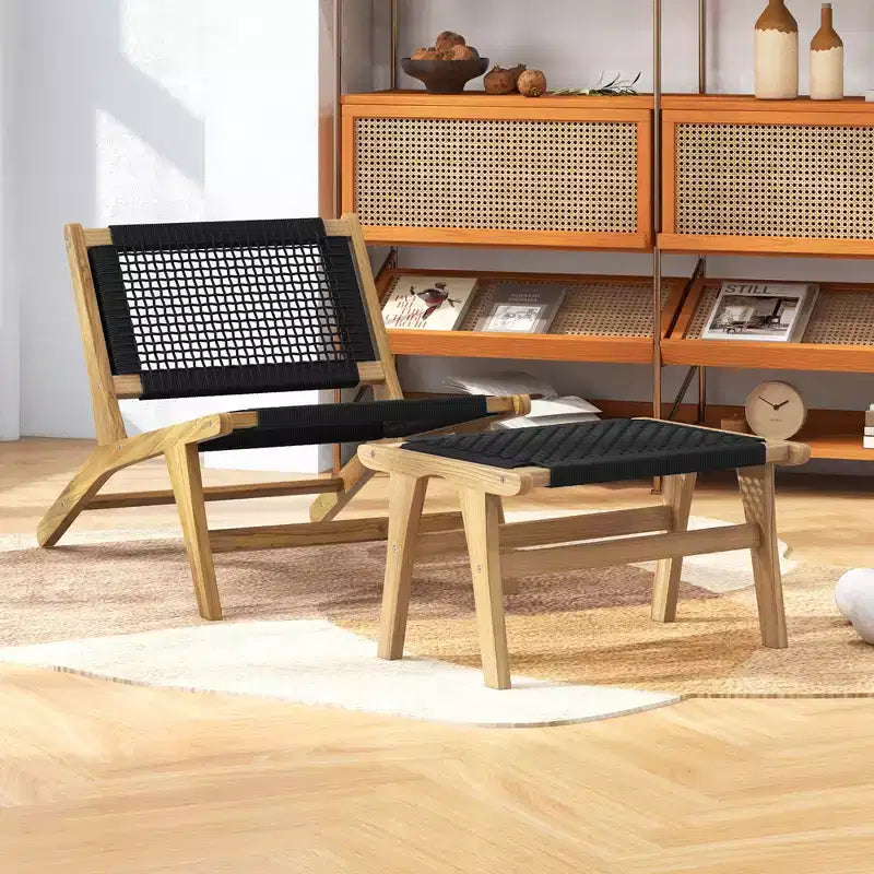 Costway Mid-Century Modern Akzentstuhl mit Ottoman, Wohnzimmerstuhl mit Teakholzrahmen