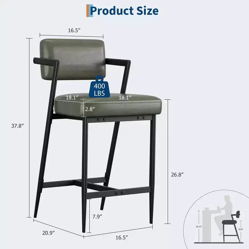 Barhocker 2er-Set, hohe Barstühle mit dicker Polsterung und verdickten Metallbeinen, gepolsterte Thekenhocker mit Rückenlehne und Fußstütze