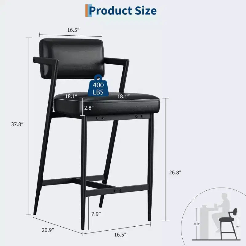 Barhocker 2er-Set, hohe Barstühle mit dicker Polsterung und verdickten Metallbeinen, gepolsterte Thekenhocker mit Rückenlehne und Fußstütze