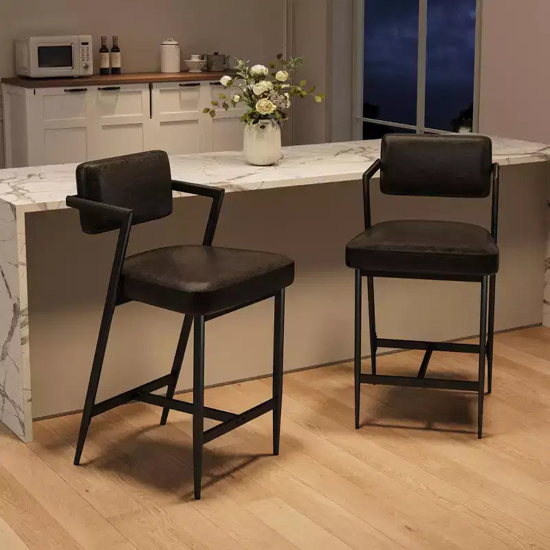 Bar Stools Set of 2, Tall Bar Chairs with Thick Cushion & Thickened Metal Legs, Upholstered Counter Height Bar Stools w/Backrest and Footrest