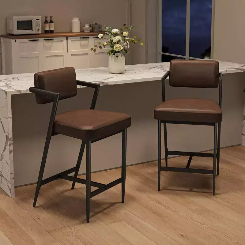 Barhocker 2er-Set, hohe Barstühle mit dicker Polsterung und verdickten Metallbeinen, gepolsterte Thekenhocker mit Rückenlehne und Fußstütze
