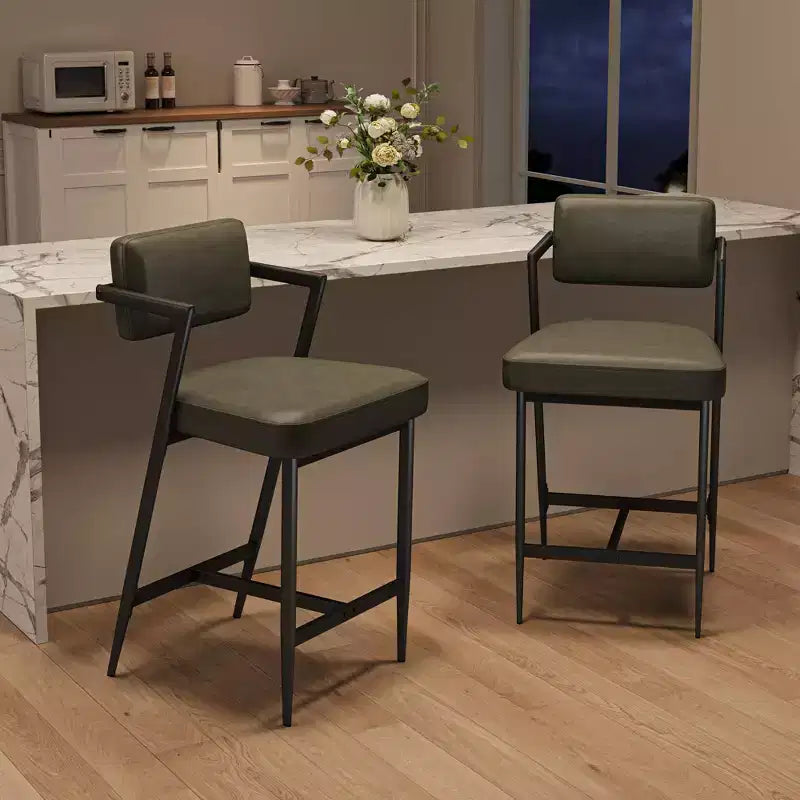 Barhocker 2er-Set, hohe Barstühle mit dicker Polsterung und verdickten Metallbeinen, gepolsterte Thekenhocker mit Rückenlehne und Fußstütze