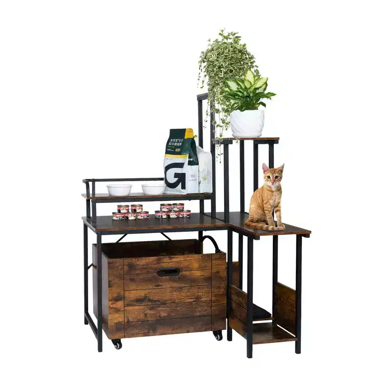 Cat Litter Box Furniture, Hidden Litter Box Enclosure with Pull-Out Tray Corner Flower Stand PVC Mat Classic Color for Cats Up to 12 lbs