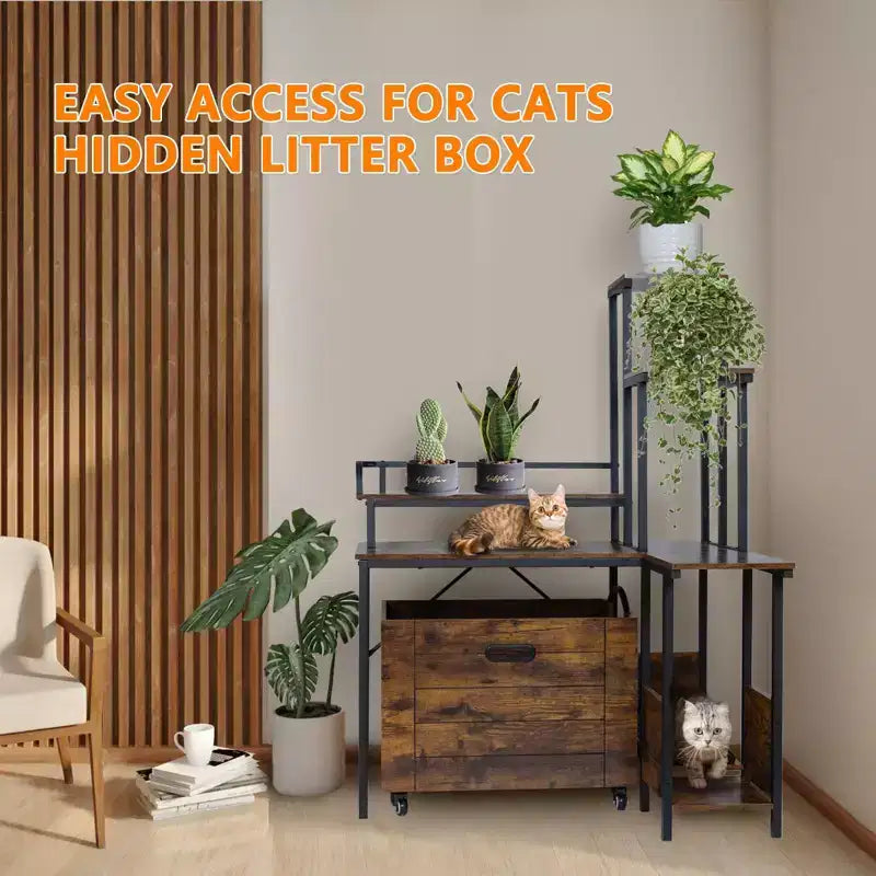 Katzenklomöbel, versteckte Katzentoilettenabdeckung mit ausziehbarer Schublade, Eckblumenständer, PVC-Matte, klassische Farbe, für Katzen bis zu 12 lbs