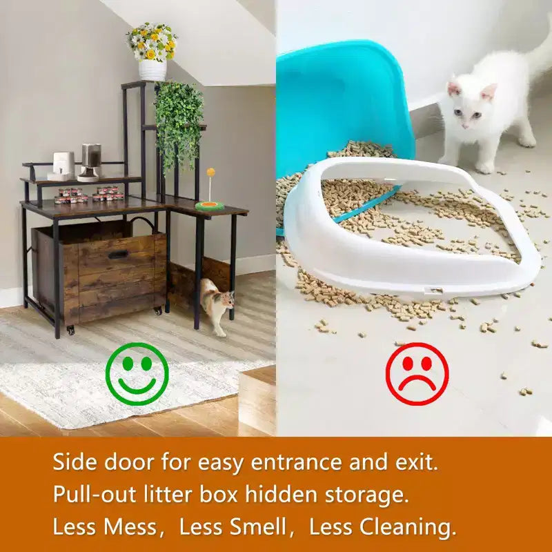 Katzenklomöbel, versteckte Katzentoilettenabdeckung mit ausziehbarer Schublade, Eckblumenständer, PVC-Matte, klassische Farbe, für Katzen bis zu 12 lbs