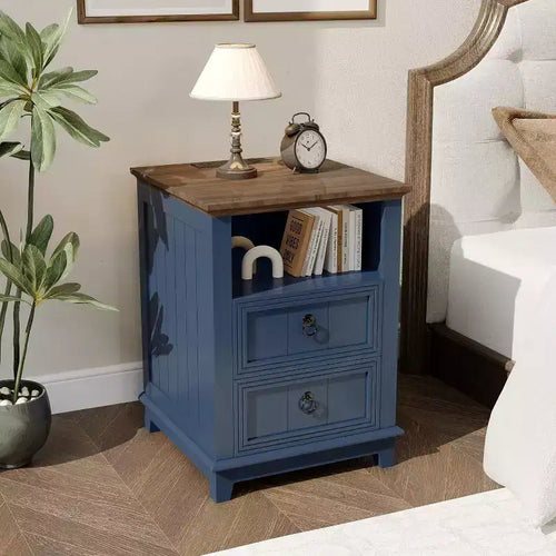 18 Wood Nightstand, Modern Fluted Night Stand, Two Drawer Filing Cabinet with Shelf, Bedside End Table for Living Room
