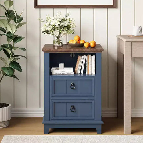 18 Holz-Nachttisch, moderner geriffelter Nachttisch, Aktenschrank mit zwei Schubladen und Ablage, Beistelltisch für das Wohnzimmer