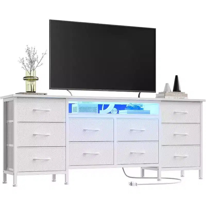 TV Stand for 65, 70, 75 Inch TV 10 Drawer Long Dresser with Power Outlets LED Lights, 63 Inch Entertainment Center TV Stand Dresser Storage Drawers