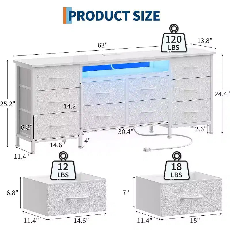 TV-Ständer für 65, 70, 75 Zoll Fernseher, 10 Schubladen, lange Kommode mit Steckdosen und LED-Beleuchtung, 63 Zoll Entertainment Center TV-Ständer Kommode mit Aufbewahrungsschubladen