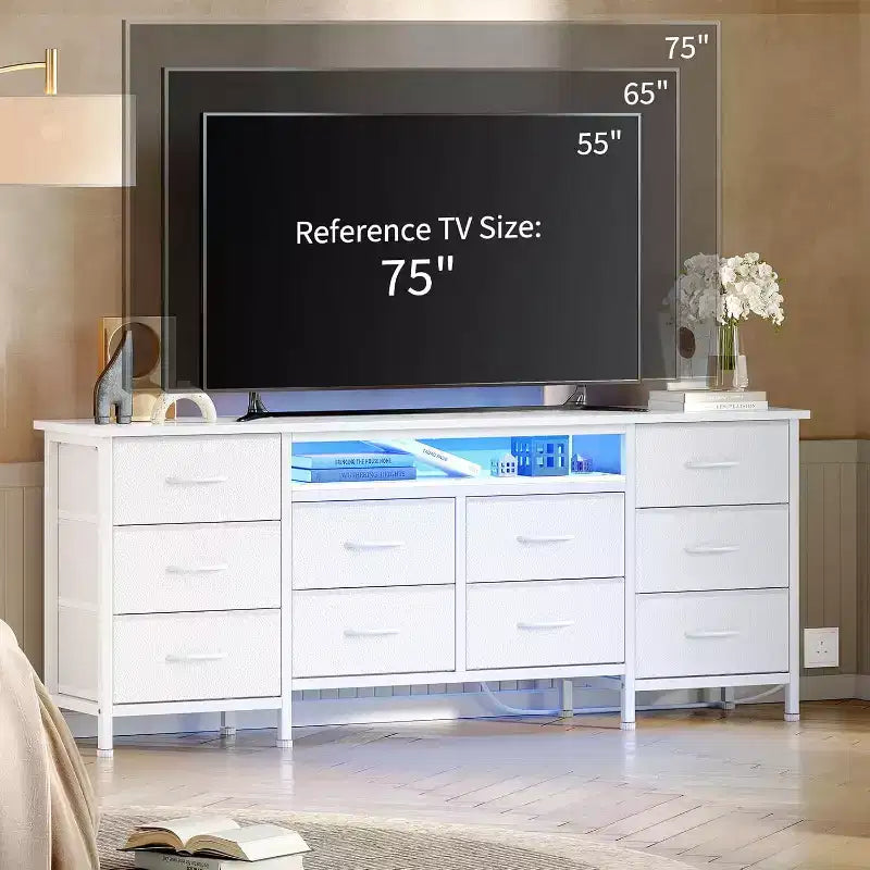 TV-Ständer für 65, 70, 75 Zoll Fernseher, 10 Schubladen, lange Kommode mit Steckdosen und LED-Beleuchtung, 63 Zoll Entertainment Center TV-Ständer Kommode mit Aufbewahrungsschubladen