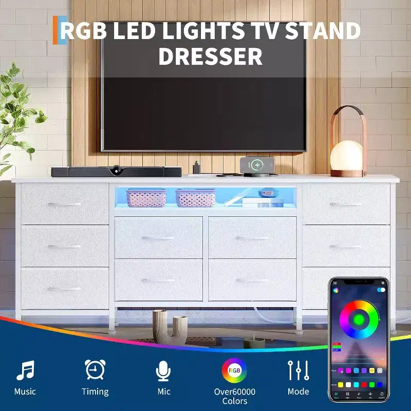 TV-Ständer für 65, 70, 75 Zoll Fernseher, 10 Schubladen, lange Kommode mit Steckdosen und LED-Beleuchtung, 63 Zoll Entertainment Center TV-Ständer Kommode mit Aufbewahrungsschubladen