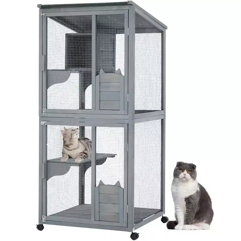 Cat Enclosure, 69-Inch Wooden Catio 4-Tier - 37x34x69in Waterproof Roof Removable Tray Lockable Casters Indoor/Outdoor Multiple Accesses