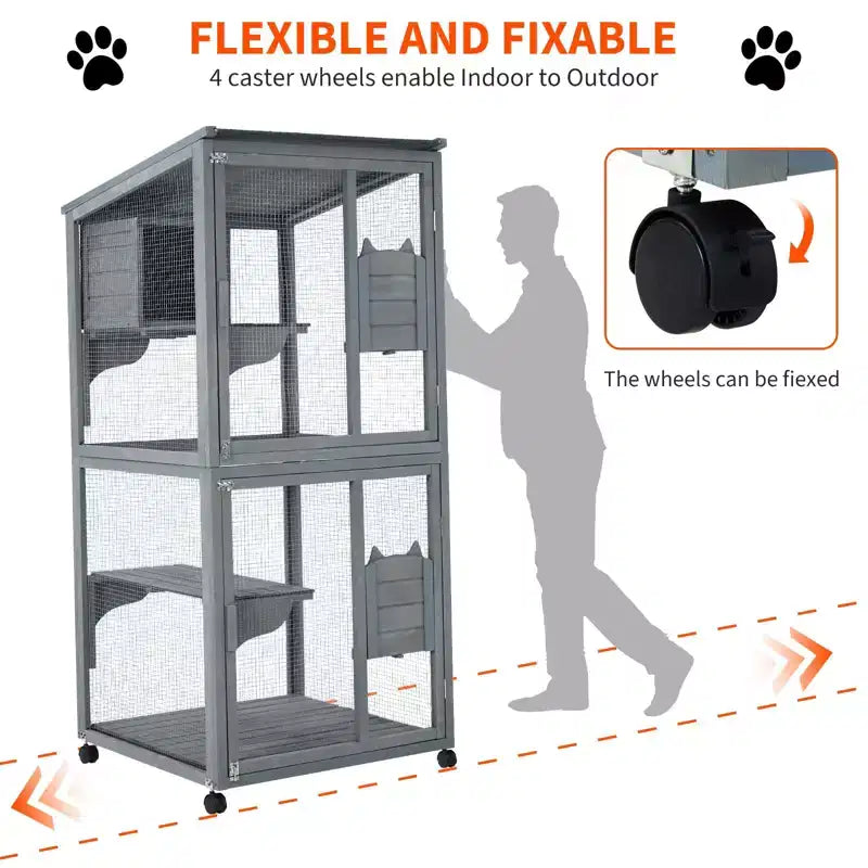 Katzengehege, 69 Zoll hölzernes Catio 4-stufig - 37x34x69 Zoll wasserdichtes Dach, herausnehmbares Tablett, feststellbare Rollen, für drinnen/draußen, mehrere Zugänge