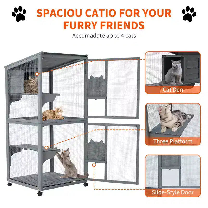 Katzengehege, 69 Zoll hölzernes Catio 4-stufig - 37x34x69 Zoll wasserdichtes Dach, herausnehmbares Tablett, feststellbare Rollen, für drinnen/draußen, mehrere Zugänge