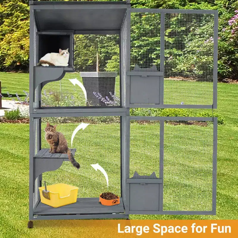 Katzengehege, 69 Zoll hölzernes Catio 4-stufig - 37x34x69 Zoll wasserdichtes Dach, herausnehmbares Tablett, feststellbare Rollen, für drinnen/draußen, mehrere Zugänge