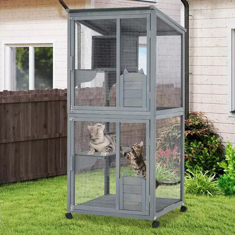 Katzengehege, 69 Zoll hölzernes Catio 4-stufig - 37x34x69 Zoll wasserdichtes Dach, herausnehmbares Tablett, feststellbare Rollen, für drinnen/draußen, mehrere Zugänge