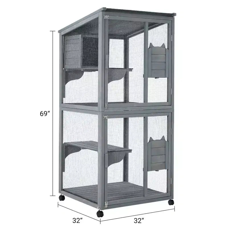 Katzengehege, 69 Zoll hölzernes Catio 4-stufig - 37x34x69 Zoll wasserdichtes Dach, herausnehmbares Tablett, feststellbare Rollen, für drinnen/draußen, mehrere Zugänge