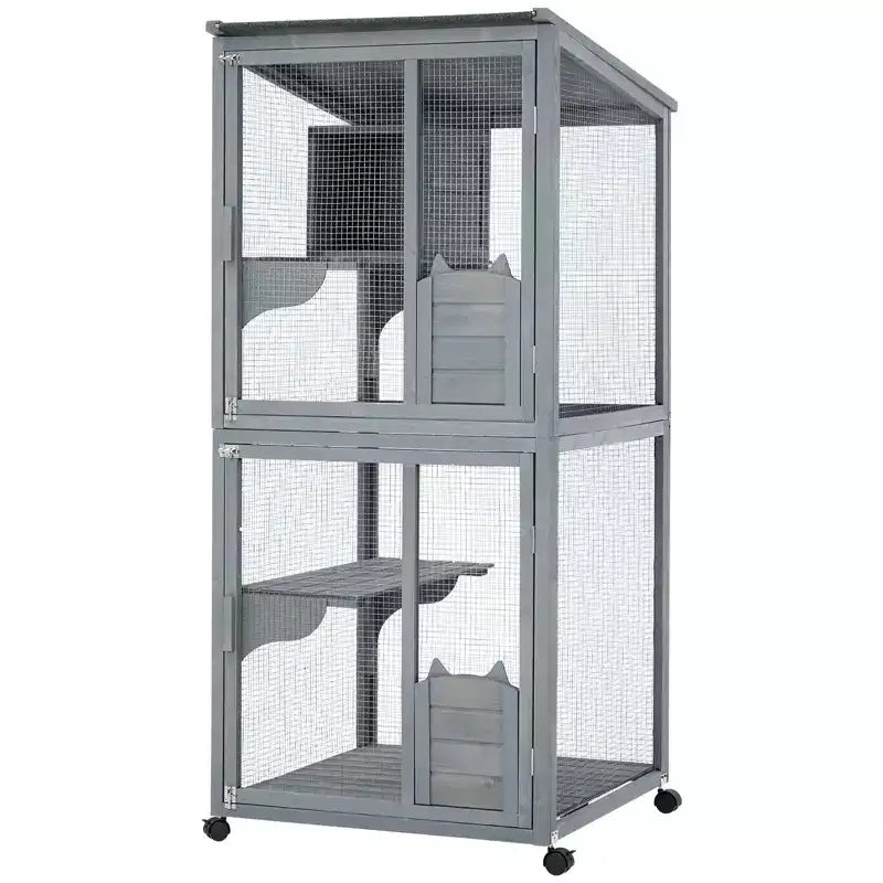Katzengehege, 69 Zoll hölzernes Catio 4-stufig - 37x34x69 Zoll wasserdichtes Dach, herausnehmbares Tablett, feststellbare Rollen, für drinnen/draußen, mehrere Zugänge