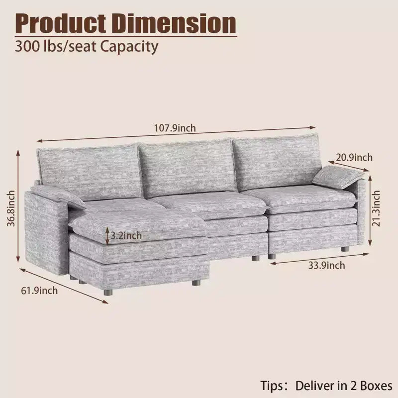 108 Modularer Sektionssofa Cloud Couch, gemütliches Cloud Sofa mit beweglichem Ottoman, modernes Chenille L-förmiges modulares Sofa Ottoman, Sektionssofa für Wohnungen
