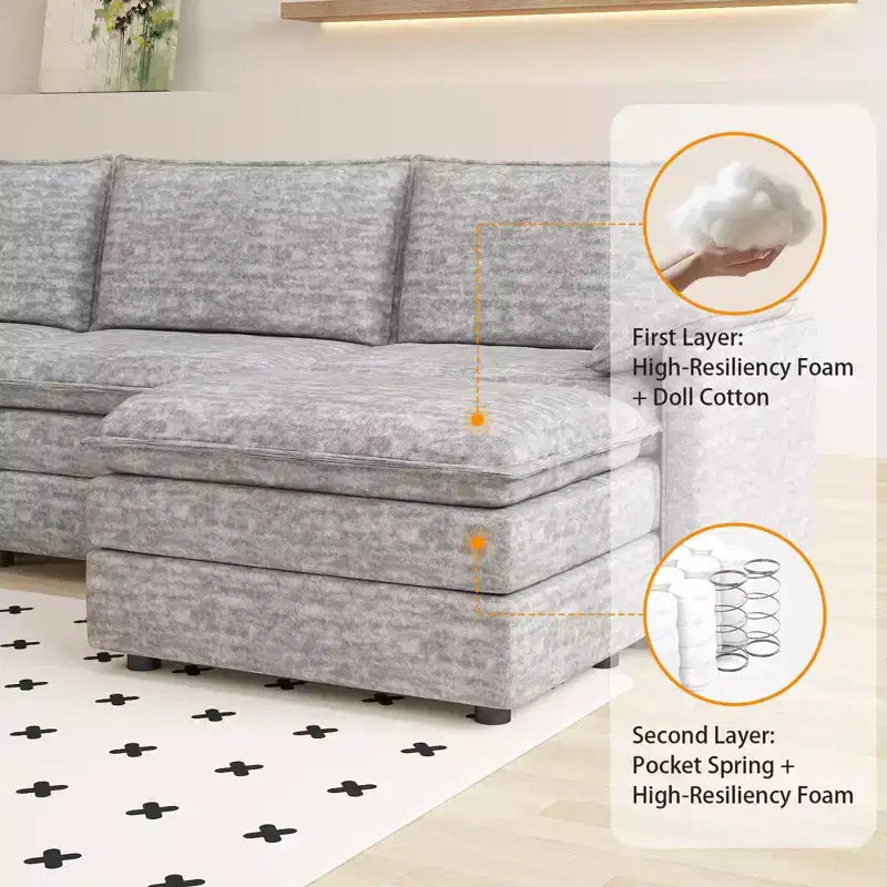 108 Modularer Sektionssofa Cloud Couch, gemütliches Cloud Sofa mit beweglichem Ottoman, modernes Chenille L-förmiges modulares Sofa Ottoman, Sektionssofa für Wohnungen