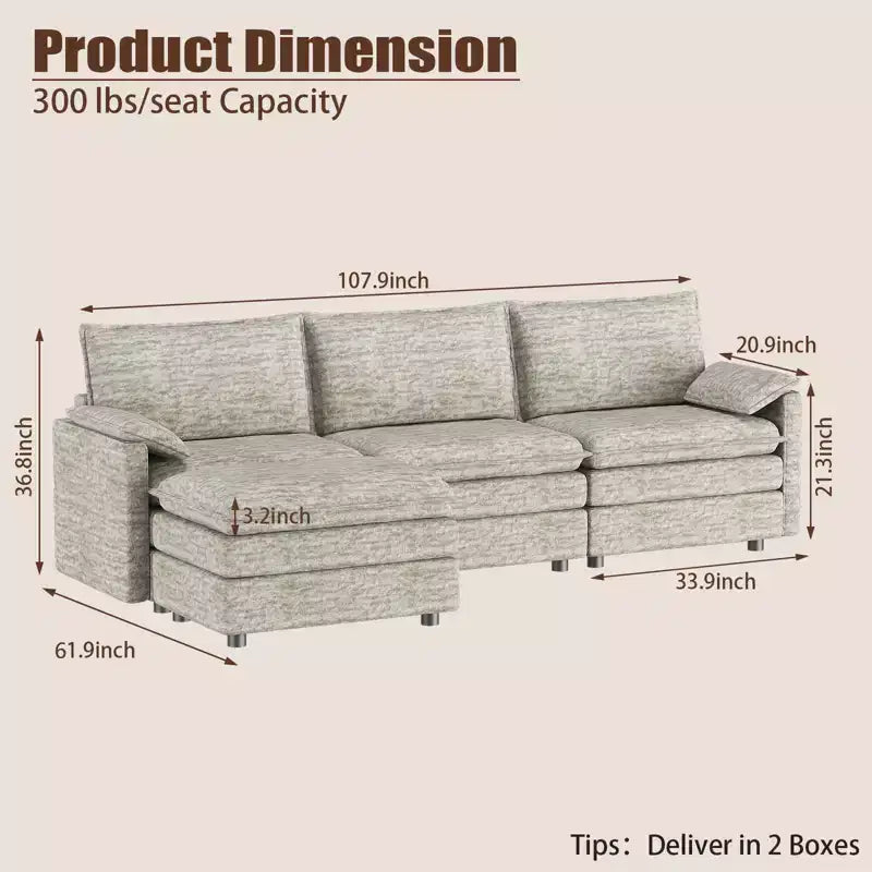 108 Modularer Sektionssofa Cloud Couch, gemütliches Cloud Sofa mit beweglichem Ottoman, modernes Chenille L-förmiges modulares Sofa Ottoman, Sektionssofa für Wohnungen