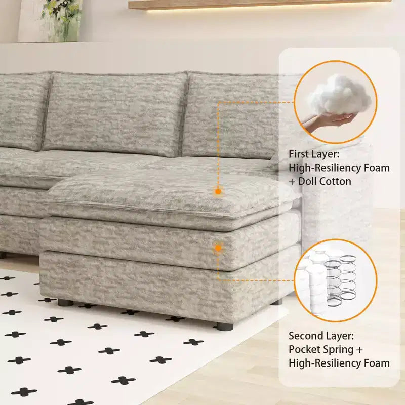 108 Modularer Sektionssofa Cloud Couch, gemütliches Cloud Sofa mit beweglichem Ottoman, modernes Chenille L-förmiges modulares Sofa Ottoman, Sektionssofa für Wohnungen