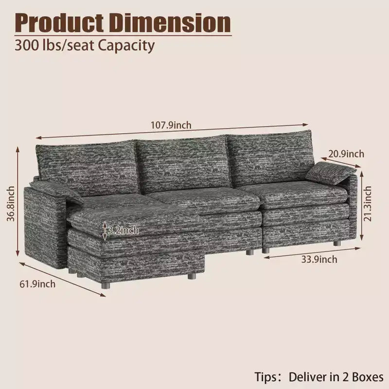 108 Modularer Sektionssofa Cloud Couch, gemütliches Cloud Sofa mit beweglichem Ottoman, modernes Chenille L-förmiges modulares Sofa Ottoman, Sektionssofa für Wohnungen