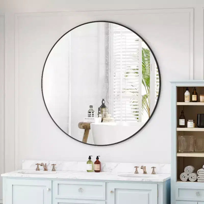 TUYOHW Round Bathroom Mirror,Modern Metal Frame Vanity Mirror,Wall Mirror with Anti-Fog Coating for Bathroom and Living Room Decor,Black(5 sizes)