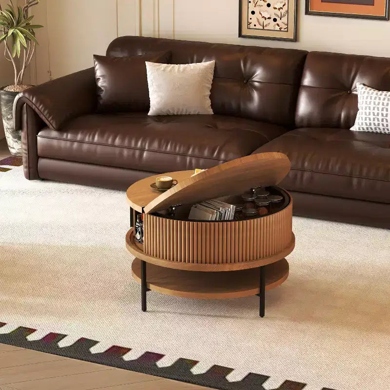 GDFStudio Lewis Rustic 31.5 Round Lift-Top Coffee Table with Hidden Storage