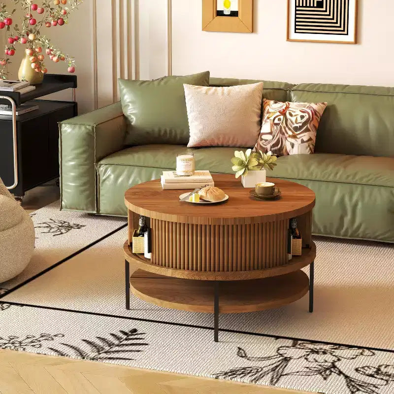GDFStudio Lewis Rustikaler runder Couchtisch mit Hubplatte, 80 cm, mit verstecktem Stauraum