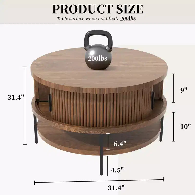 GDFStudio Lewis Rustikaler runder Couchtisch mit Hubplatte, 80 cm, mit verstecktem Stauraum