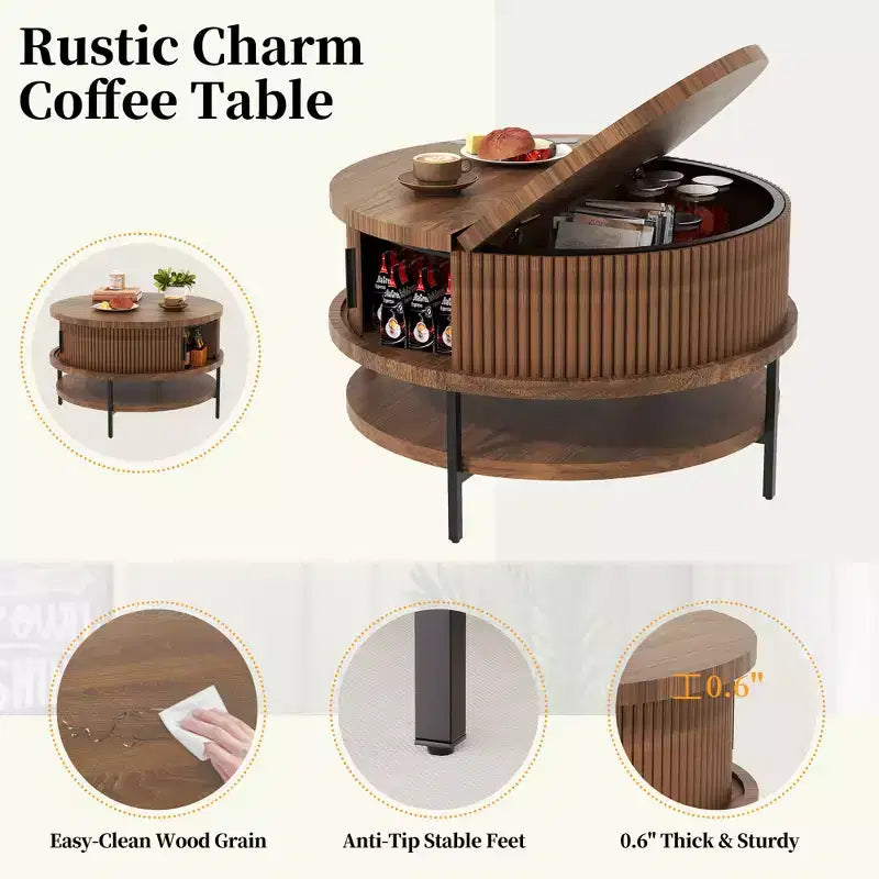 GDFStudio Lewis Rustikaler runder Couchtisch mit Hubplatte, 80 cm, mit verstecktem Stauraum