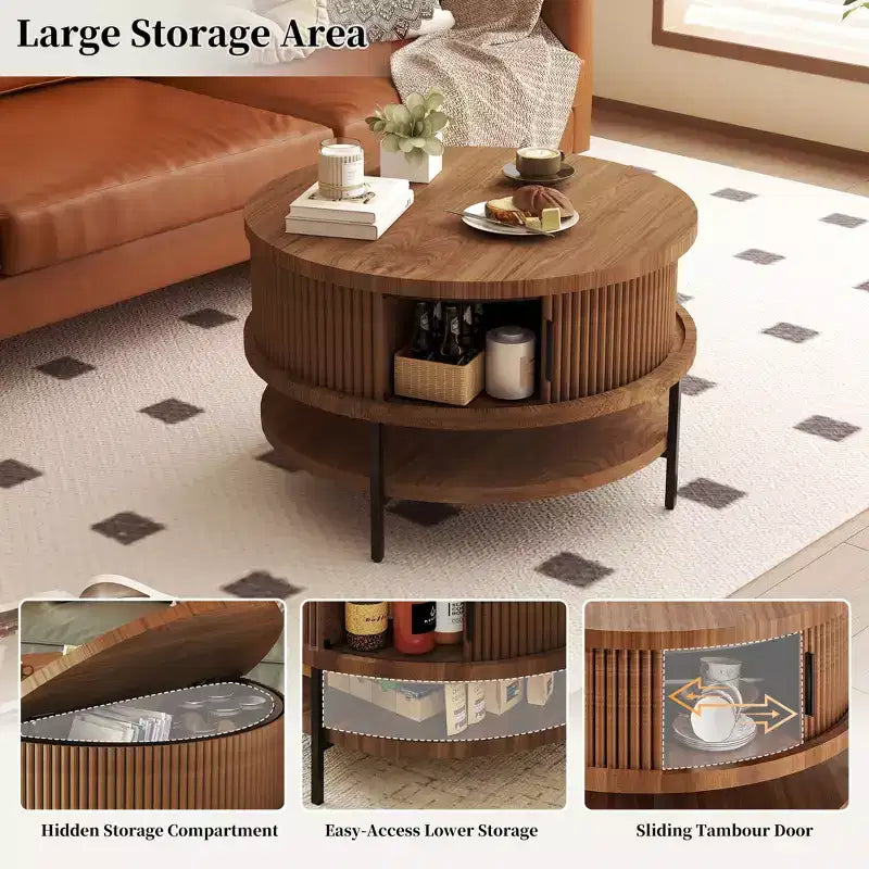 GDFStudio Lewis Rustikaler runder Couchtisch mit Hubplatte, 80 cm, mit verstecktem Stauraum