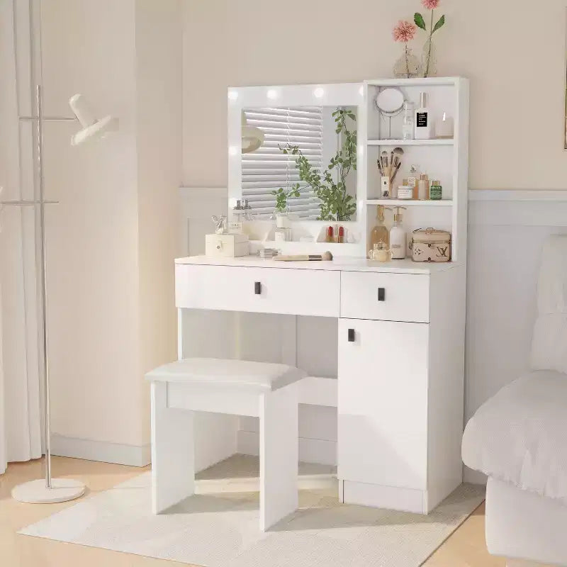 Okak Elegent Vanity Desk with 3-Mode Adjustable Mirror, Makeup Vanity with Large Drawers & Three Level Shelves, Vanity Table for Bedroom, White