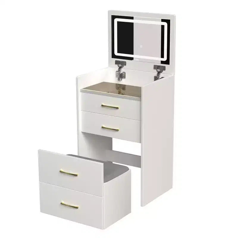 Okak 3-IN-1 Schminktisch mit Klappspiegel, Kompakter Schminktisch mit 3 Schubladen und gepolstertem Hocker, Schminktisch für Schlafzimmer, Wohnzimmer, Weiß