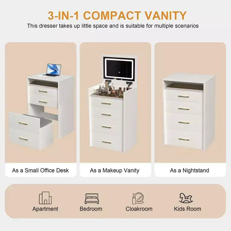 Okak 3-IN-1 Schminktisch mit Klappspiegel, Kompakter Schminktisch mit 3 Schubladen und gepolstertem Hocker, Schminktisch für Schlafzimmer, Wohnzimmer, Weiß