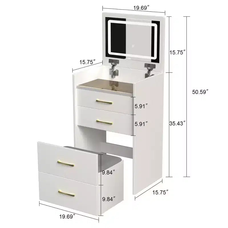 Okak 3-IN-1 Schminktisch mit Klappspiegel, Kompakter Schminktisch mit 3 Schubladen und gepolstertem Hocker, Schminktisch für Schlafzimmer, Wohnzimmer, Weiß