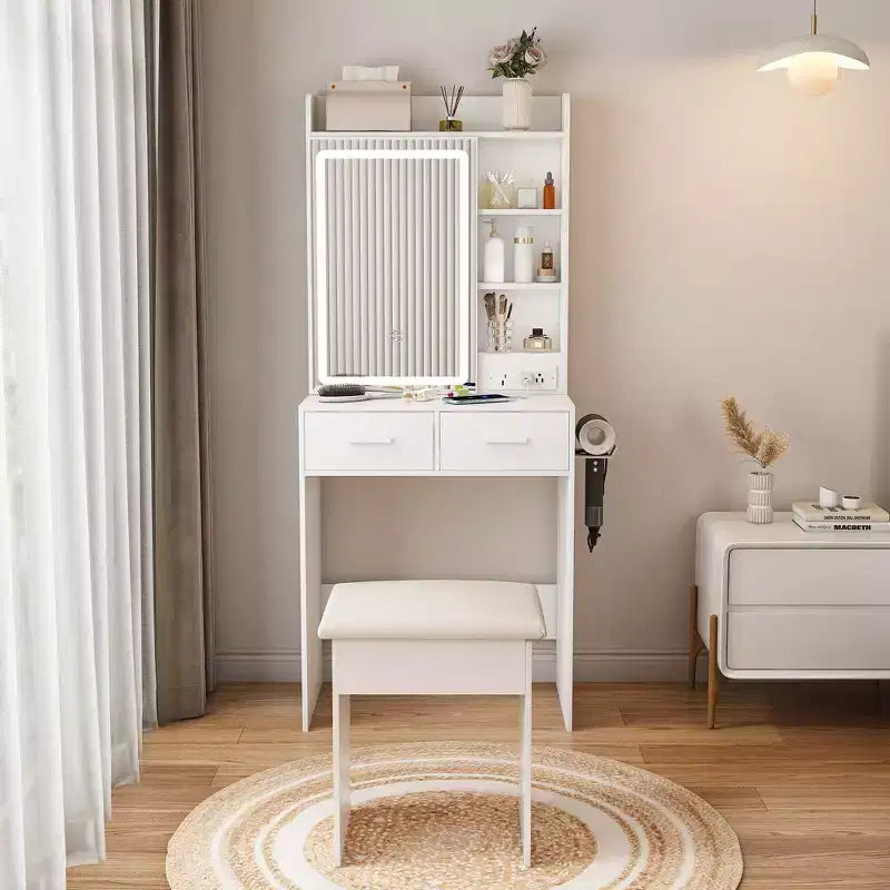 Okak Compact Vanity with Adjustable Mirror, Vanity Desk with Built-in Power Outlet and Padding Stool, Girls Vanity for Bedroom, White