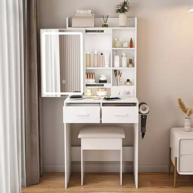 Okak Kompakter Schminktisch mit verstellbarem Spiegel, Schminktisch mit integrierter Steckdose und gepolstertem Hocker, Mädchen-Schminktisch für Schlafzimmer, Weiß