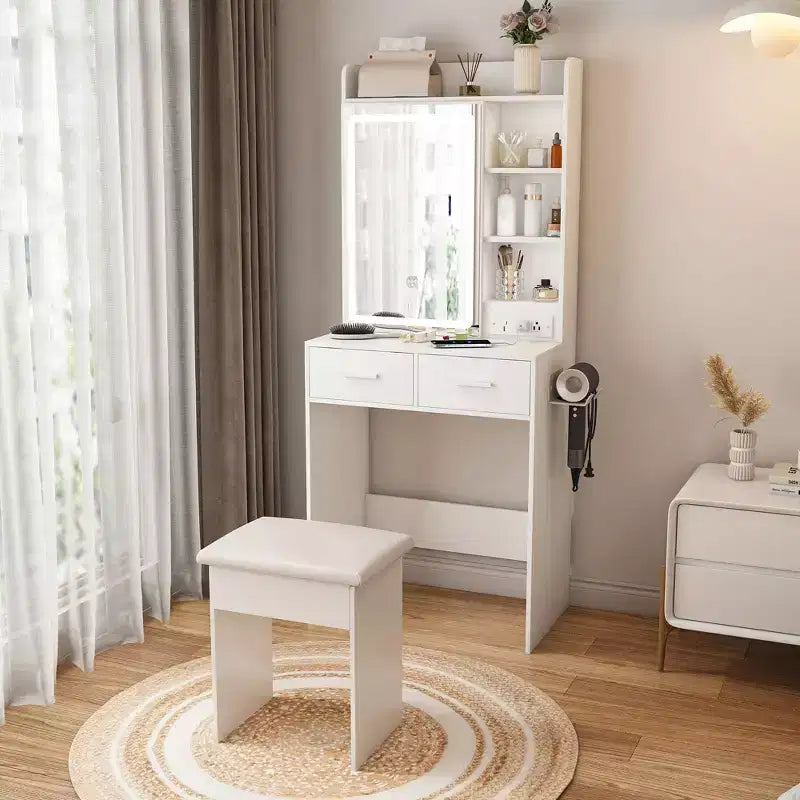 Okak Kompakter Schminktisch mit verstellbarem Spiegel, Schminktisch mit integrierter Steckdose und gepolstertem Hocker, Mädchen-Schminktisch für Schlafzimmer, Weiß