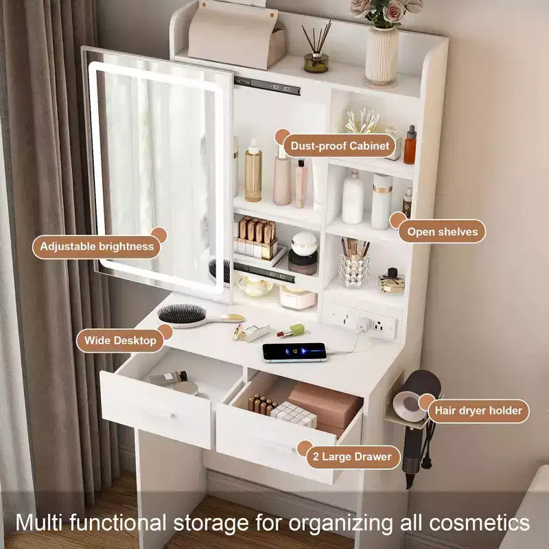 Okak Kompakter Schminktisch mit verstellbarem Spiegel, Schminktisch mit integrierter Steckdose und gepolstertem Hocker, Mädchen-Schminktisch für Schlafzimmer, Weiß