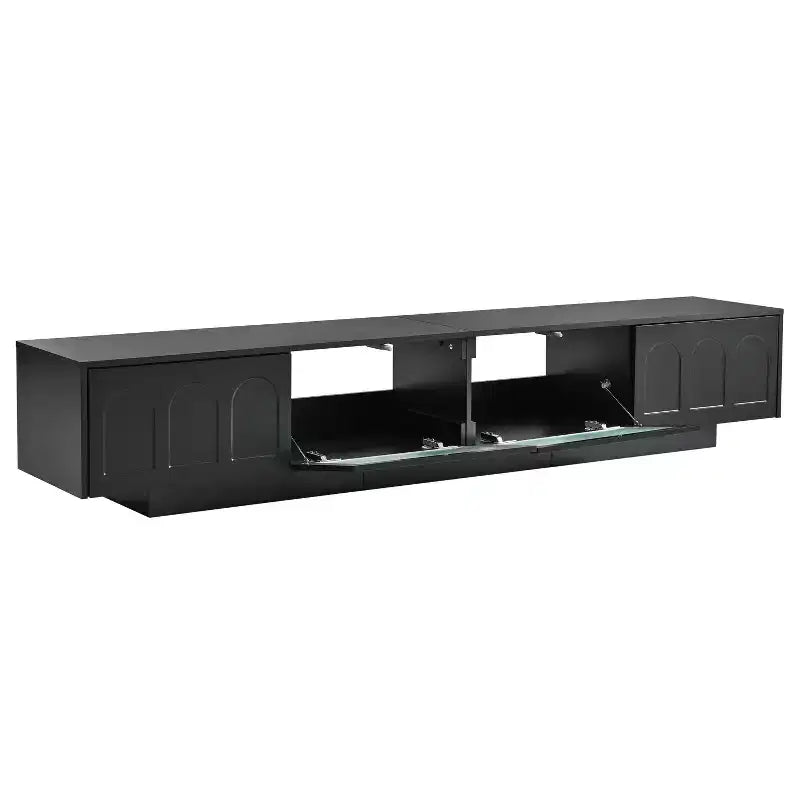 LED TV-Ständer mit Glastüren für 95-Zoll-Fernseher, Medienkonsole aus Holz mit gewölbten Schranktüren und APP-Steuerung für Wohnzimmer